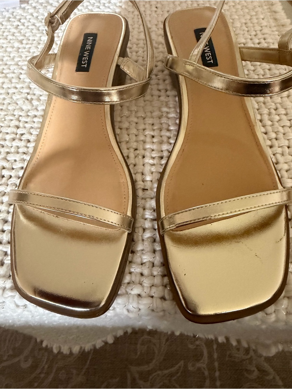 Nine West Metallic Gold Minimal Strap Square-Toe Sandals
